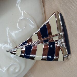 Vintage 80s Nautical Brooch Sailboat Pin Navy Blue Cream Enamel Stripe